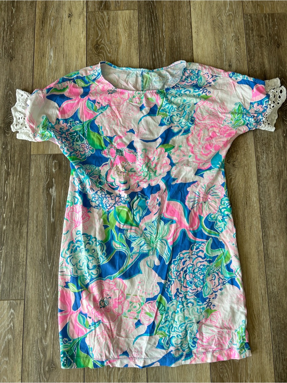 Lilly Pulitzer Blue Pink Green Floral Lace Short Sleeve Dress - Sz. S